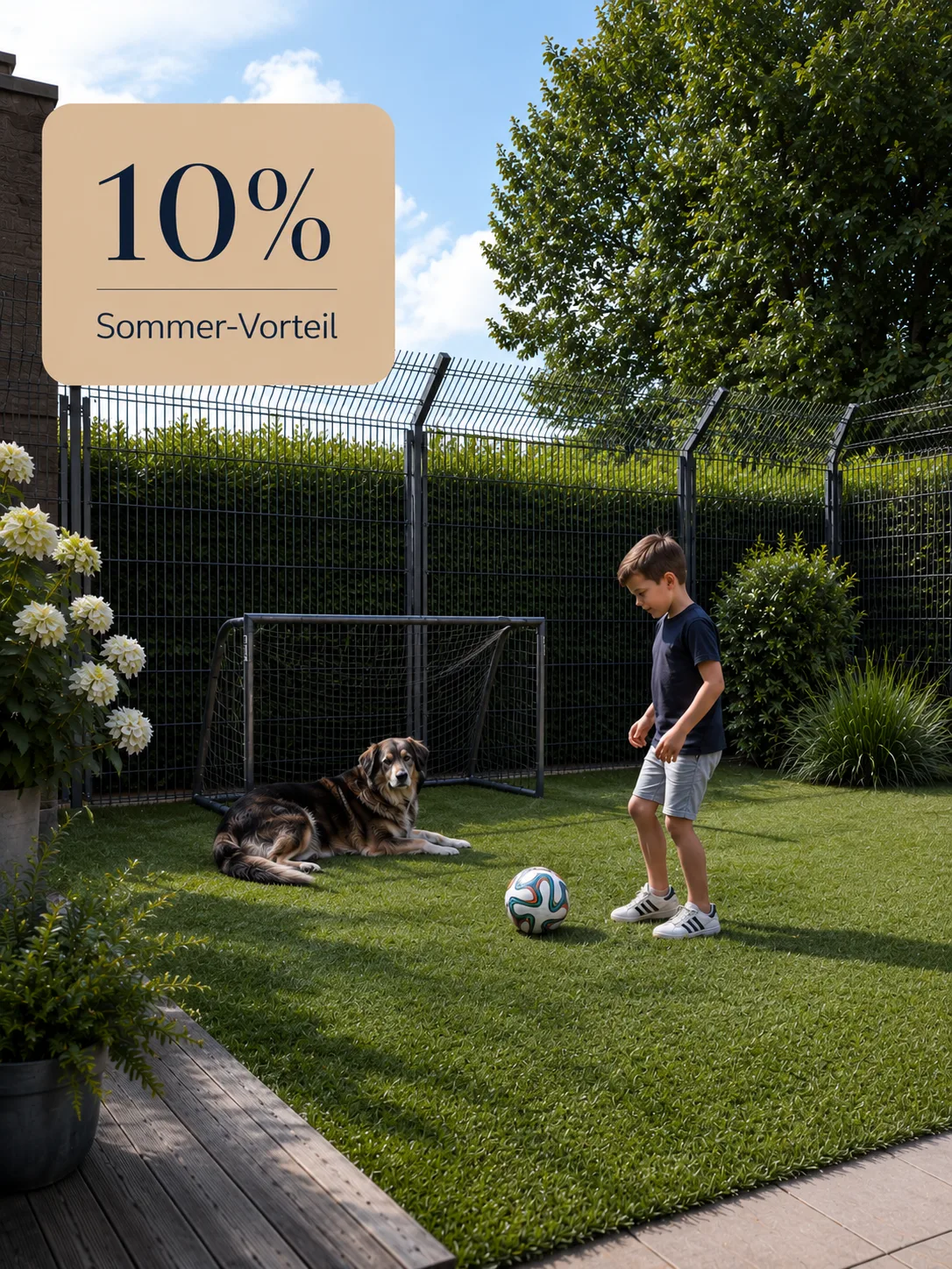 MOE Zaunanlage mit Garten - Kind und Hund beim Spielen